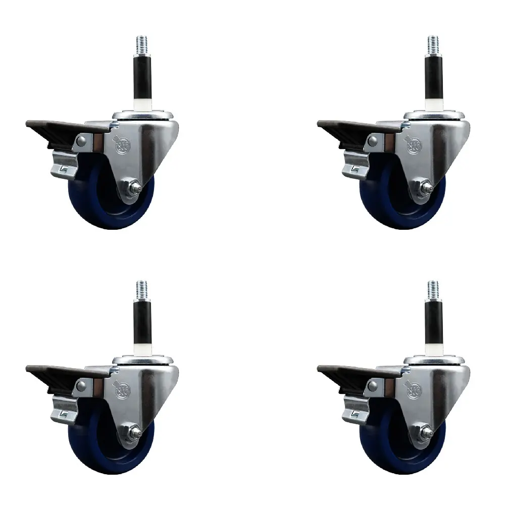 212 MAIN Heavy Duty Furniture Moving Wheel Caster Set of 4 with Knobs - Solid Polyurethane Swivel Type Lockable Wheels, 3 in. Blue Posi Lock Brake, 0.87 in. Expanding Stem Mount (Model SCC-EX20S314-SPUS-PLB-78-4, 300 lbs per Caster, for Shop Projects)