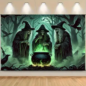 1 creepy Halloween banner - Three witches in a dark forest with glowing pots, spotlight fabric background, suitable for family parties, weddings, Halloween decorations, Halloween background photos, Halloween backgrounds, photo fabrics