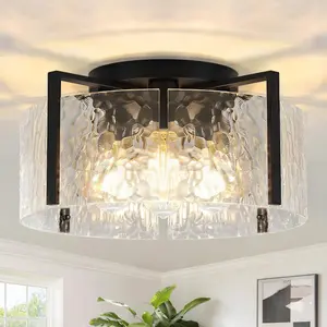 16" Black Semi-Flush Mount Ceiling Light, 4-Light Modern Hammered Glass Drum Fixture, Dimmable E26 Socket, Indoor Lighting for Bedroom Hallway Entryway Kitchen Foyer Living Room Laundry Decor