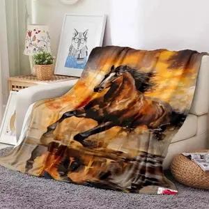 3D home cartoon printed horse blanket picnic blanket warm flannel soft and comfortable home travel birthday gift retro summerwins