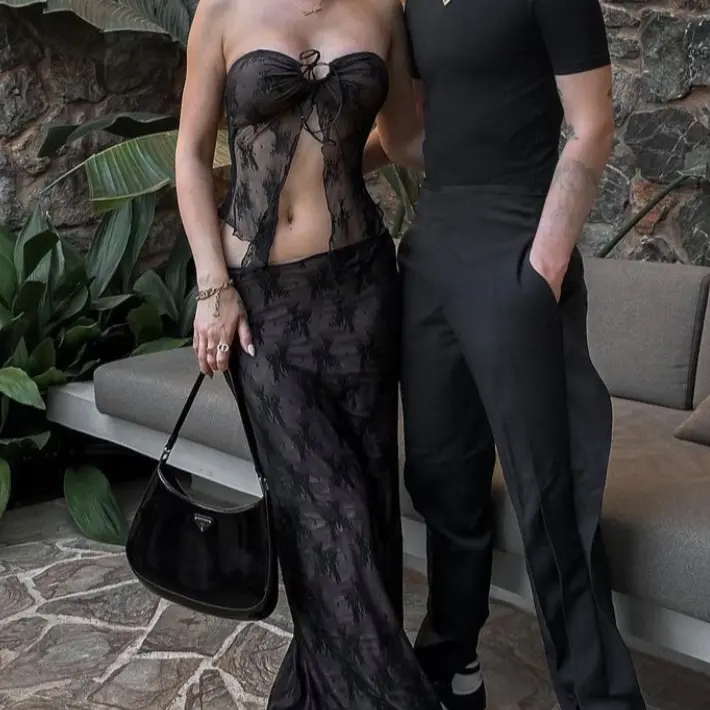 2 Piece Maxi Lace Black Set Top and Skirt
