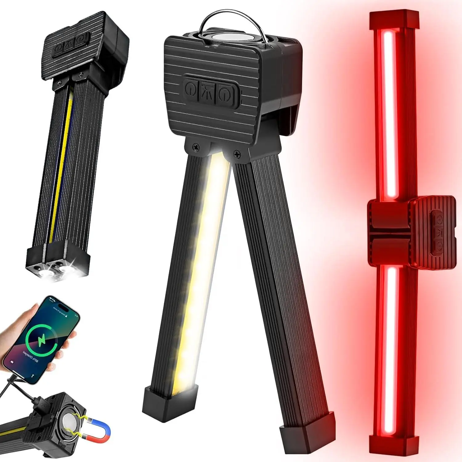 YETHKE  Gym Lamp Portable Magnet LED High Performance Flashlight - 180-Degree Folding USB Rechargeable Work Light with Hanging Hook, 7-Gear Dimming, Red Light, Phone Charging for Workshop, Car Repair, Hikes