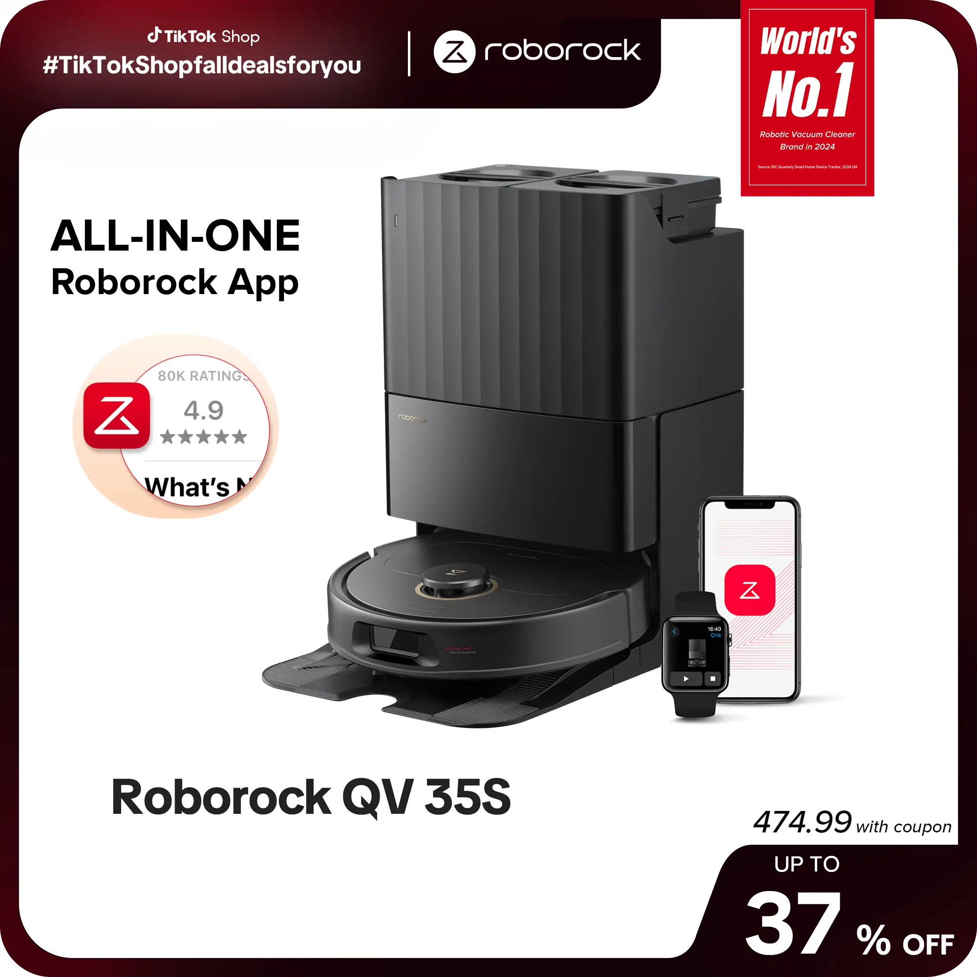 Roborock Qrevo Series Robot Vacuum and Mop, 10,000Pa suction, Self-Drying, Auto Mop Washing, Self-Emptying & Refilling, 10mm Mop Lifting, Smart Obstac