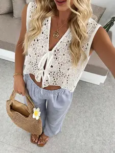 1 Spring Summer Crochet Lace Tie Front Crop Top Women | Sleeveless V Neck Hollow Out Floral Top | Boho Coastal Style for Beach Vacation Travel Daily Wear（only top）