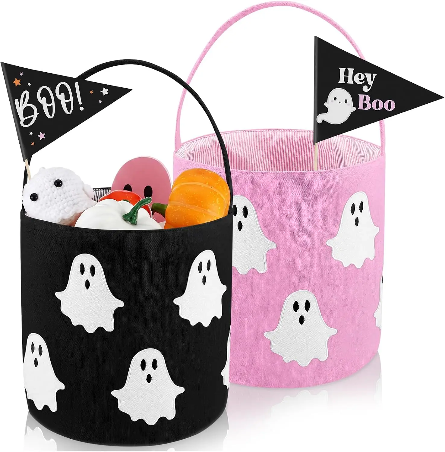 Gejoy 2 Set Halloween Boo Basket Large Trick or Treat Tote Bag with Ghost Wood Tags Chenille Ghost Design Reusable Canvas Bag Halloween Boo Bucket for Girls Women Party Favors Gifts Decor