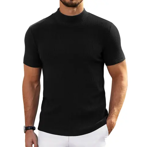 COOFANDY Mens Mock Turtleneck Sweater Short Sleeve Turtle Neck Sweaters Casual Ribbed Knited Pullover Tops Solid Basic Tee