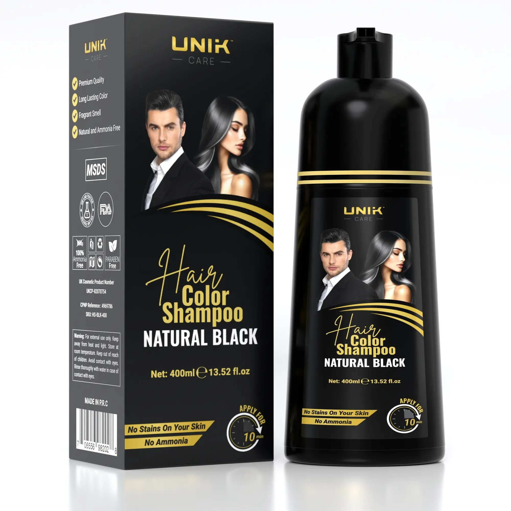 Hair Dye Shampoo 400ml – 3 in 1 Natural Colour Shampoo for Grey Hair – Ammonia-Free Hair Dye for Women & Men (Natural Black)
