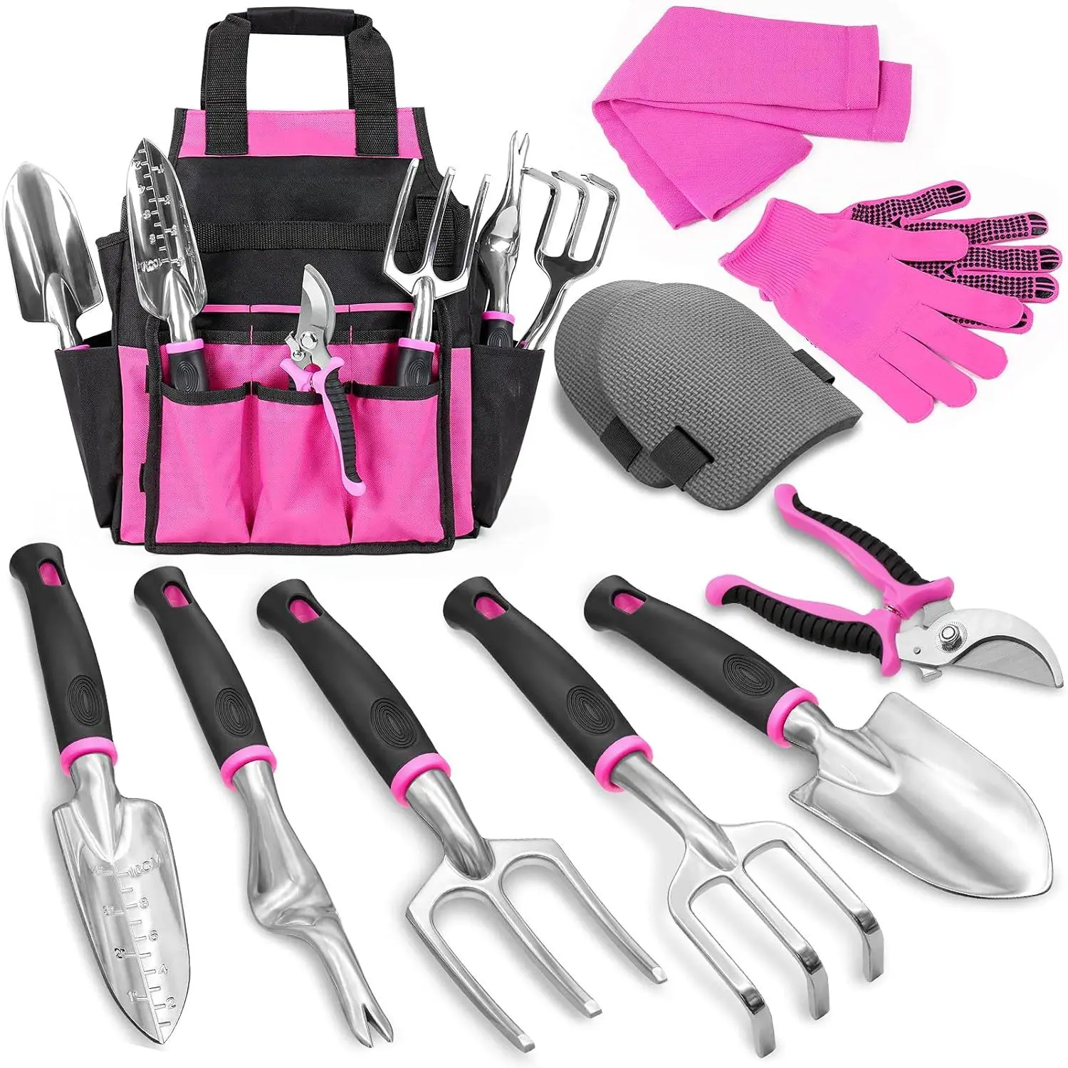 Pink Garden Tools, Gardening Gifts for Women, with 2 in 1 Detachable Storage Bag, Trowel, Transplanter, Rake, Weeder, Cultivator, Purning Shears and 3 Additional Protection Tools