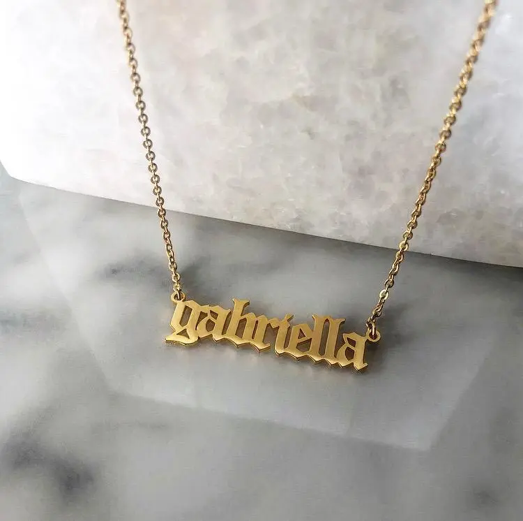 Classic Old English Nameplate with 18K Gold Plated Stainless Steel and Chain Attachment