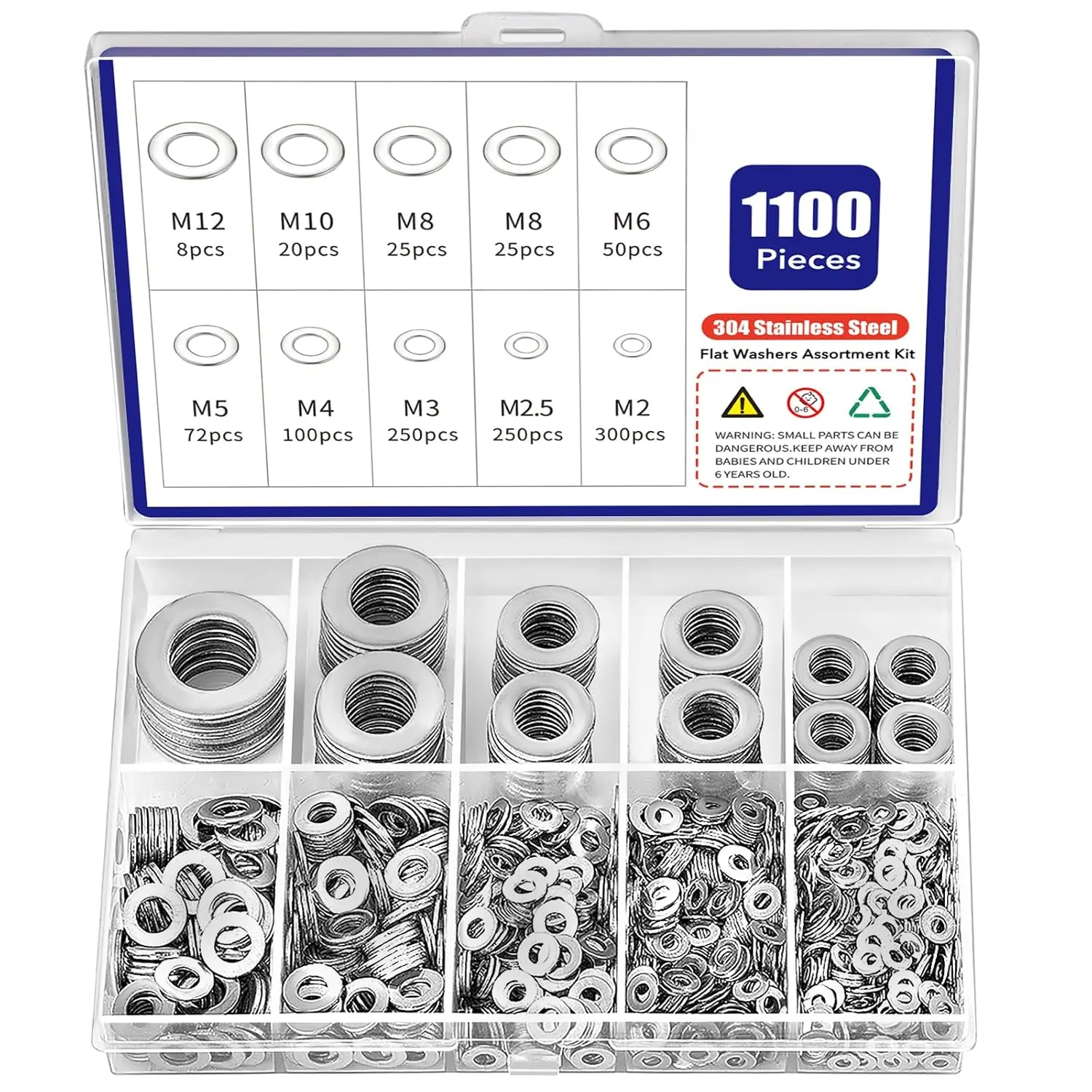 1100 count Flat Washers Assortment Kit - 304 Stainless Steel, 9 Metric Sizes (M2-M12), Metal Washers for Screws and  - Ideal for Automotive, Construction, Industrial, and DIY Use