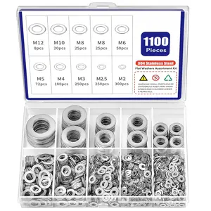 1100 count Flat Washers Assortment Kit - 304 Stainless Steel, 9 Metric Sizes (M2-M12), Metal Washers for Screws and  - Ideal for Automotive, Construction, Industrial, and DIY Use