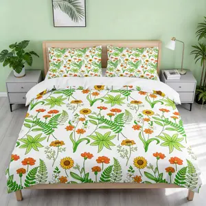 3-piece duvet cover set, vibrant spring green plant and floral pattern, white inner lining, soft and comfortable duvet cover, suitable for bedroom and guest room, home bedding (1 duvet cover + 2 pillowcases, without insert).