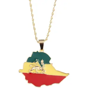 Ethiopian Flag Lion Map Pendant Necklace for Women Men Jewelry Map Chain