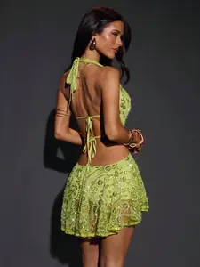 Solid Green Elegant Beaded Embroidery Halter Backless Tie Strap Mini Dress For Women, Suitable For Vacation, Elegant Party, Night Out, Banquet, Music Festival,Club Outfits Women Sexy,Cocktail Dresses For Women,Black Mini Skirt,Rave Outfits,Party Dresses F