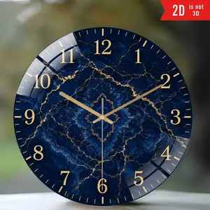 8 Inch Silent Non-Ticking Wall Clock, Blue Marble & Gold Vein Round Acrylic Clock, Easy-to-Read Large Numbers, 2D Flat Design for Bedroom, Kitchen, Living Room, Office Décor, Battery Operated Home Gift