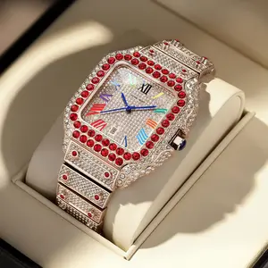 Men's 42mm Rose Gold Ice-Out Bezel Square Face Hip-Hop Watch - Red Diamond Accents, Colorful Roman Numerals Dial, Bustdown Design, Waterproof Luxury Fashion Jewelry Statement Piece