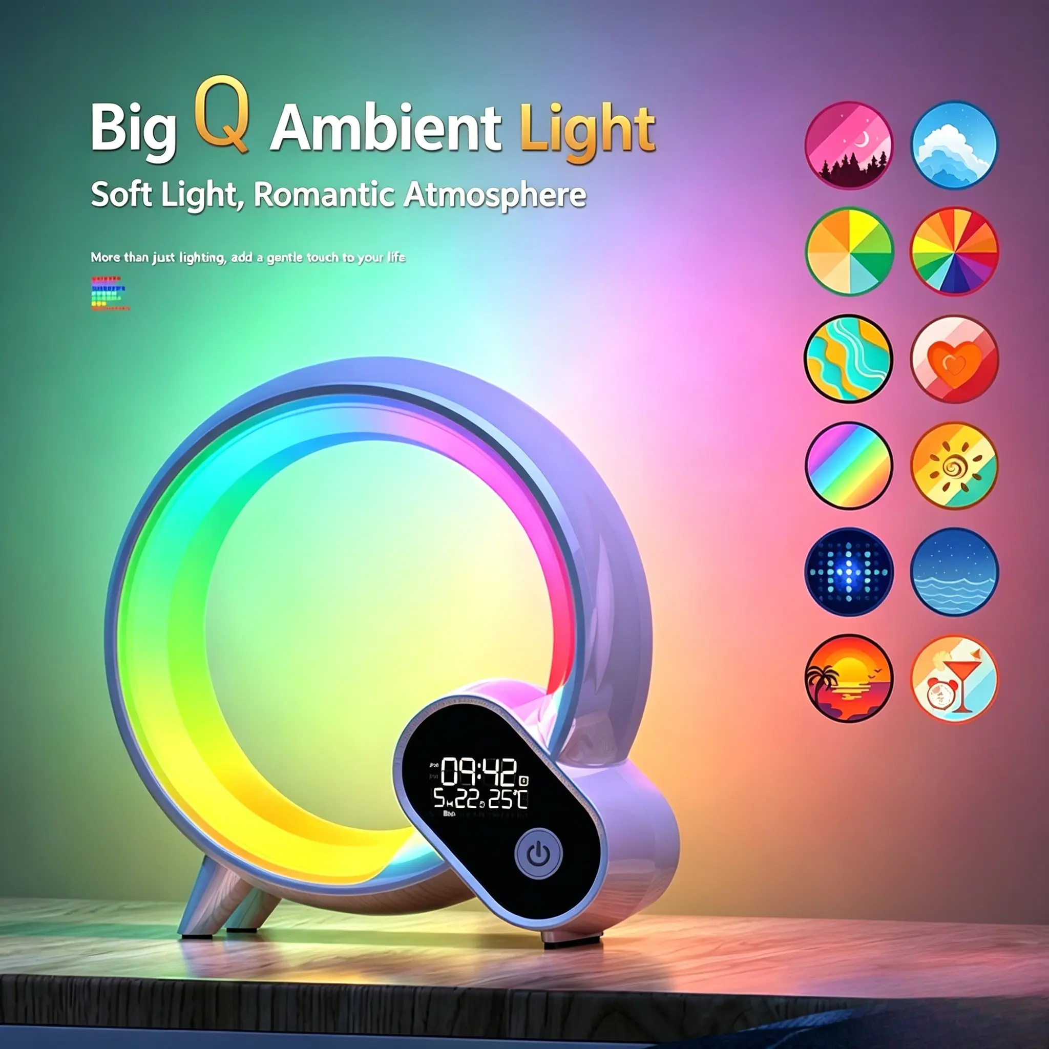 Big Q RGB Ambient Tabletop Light - Type-C Plug-In (No Built-In Battery), Unisex Wake-Up Alarm Clock with Bluetooth Speaker, White Noise Machine, APP & Remote Control Color-Changing Night Light for Bedroom, Teens' Holidays Decor Gift