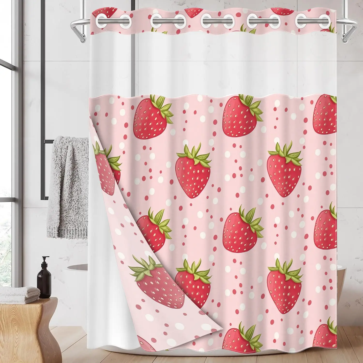 1pc 2D Flat Printing hookless shower curtain hanger liner StrawberryPinkBackgroundPattern Fabric waterproof lining shower curtain with transparent window, Pretty Aesthetic shower curtain, double-layer shower curtain, 71 x 74 inches, home decor