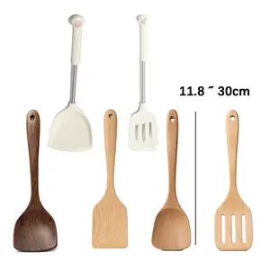 6Pcs Multifunctional Kitchen Turner Set, Solid & Slotted Wooden Spatula + Heatproof Silicone Spatula for Pancake Fish Egg Making