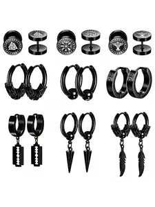 Black Stainless Steel Viking Gothic Earring Set, 6 Pairs Norse Rune & Punk Style Earrings for Men & Women