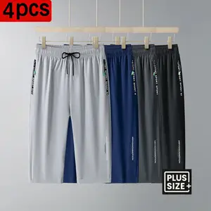 Men’s Plus Size Summer 3/4 Shorts – Set of 4 | Drawstring elastic waistband, zippered pockets, polyester fabric, lightweight and breathable, perfect for everyday outdoor activities Classic Men's Multi-Pocket Cargo Print Embroidered Casual