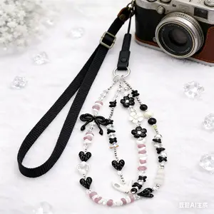 Y2K Black Bow Heart Beaded Phone Charm - Resin Glass Crystal Phone Strap with Zinc Alloy