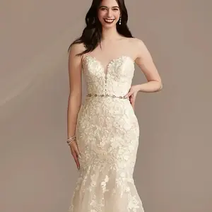 OLEG CASSINI Lace Applique Mermaid Strapless Wedding Dress