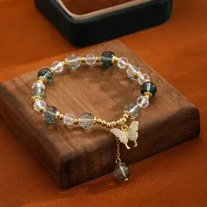 Pvoovi Healing Green Phantom Bracelet 14K Gold Plated Butterfly Chakra Balancing & Prosperity Stone Manifest Abundance Transformation Jewelry Gift Unisex Artificial Crystal