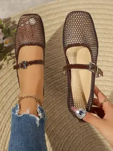 Three-Color Mesh Mary Jane Flat Shoes, Breathable Hollow Out Buckle, Spring Summer Commute Versatile, Elegant Women's Footwear, Classic, Summer Flats