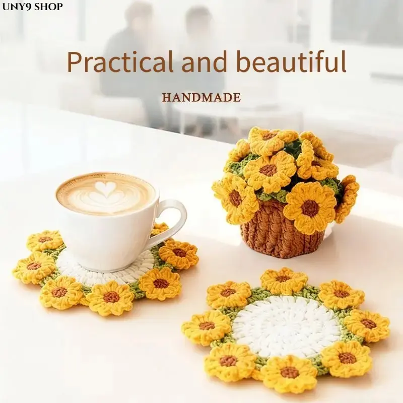 Handmade Crochet Coasters with Basket, Floral Rose Round Drink Coaster Set, Soft Boho Table Decor for Coffee Table, Fall Home Decor, Housewarming & Wedding Gift