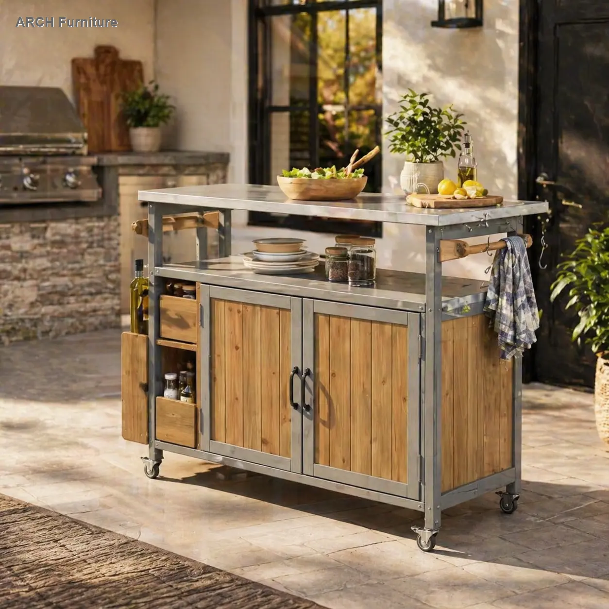 54.33x18.5in Farmhouse Outdoor Kitchen Island Cart Organizer - Solid Wood Frame, Stainless Steel Top, Spice Rack, Towel Rack, Bottle Opener, Locking Wheels, Adjustable Cabinets, Eco-Conscious Wood-Toned Unit, Clever Storage for Patio Gas Grill Use