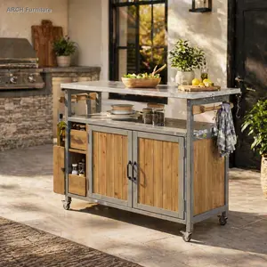 54.33" Farmhouse Rolling Outdoor Kitchen Cart Organizer Floor Cabinets - Solid Wood Frame, Stainless Steel Top, Spice Rack, Towel Rack, Lockable Wheels, Multi-Functional Storage for Patio, Backyard BBQ
