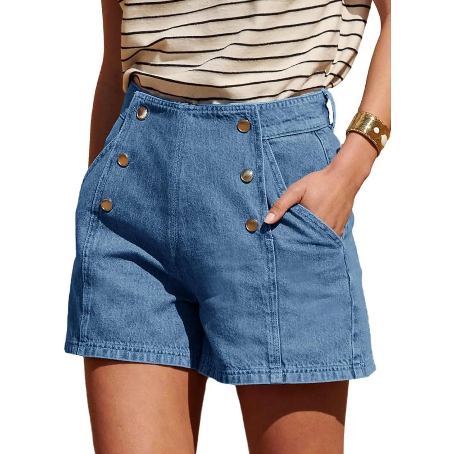 Imily Bela Womens High Waisted Jean Shorts Summer Baggy Stretchy Vintage Double Breasted Denim Shorts
