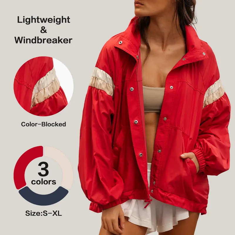 FISOEW Women's Collared Neck Longsleeve Lightweight Windbreaker Coat - Contrast Patchwork, Elastic Cuff Sleeves, Adjustable Hem, Casual Streetwear Women's Clothes Outerwear, Coats,back to school,back to school shopping, Jackets, Elastic Cuffed Cuffs