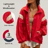 FISOEW Women's Collared Neck Longsleeve Lightweight Windbreaker Coat - Contrast Patchwork, Elastic Cuff Sleeves, Adjustable Hem, Casual Streetwear Women's Clothes Outerwear, Coats,back to school,back to school shopping, Jackets, Elastic Cuffed Cuffs