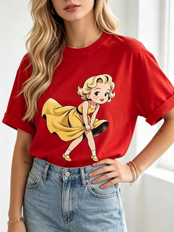 Women's Pure Cotton Casual Fitted Short-Sleeve Round Neck Graphic T-Shirt - Red, Marilyn Monroe-Inspired Blonde Girl Print, Viral TikTok Retro Pinup, Breathable Vintage Streetwear, Quality Fabric Cut