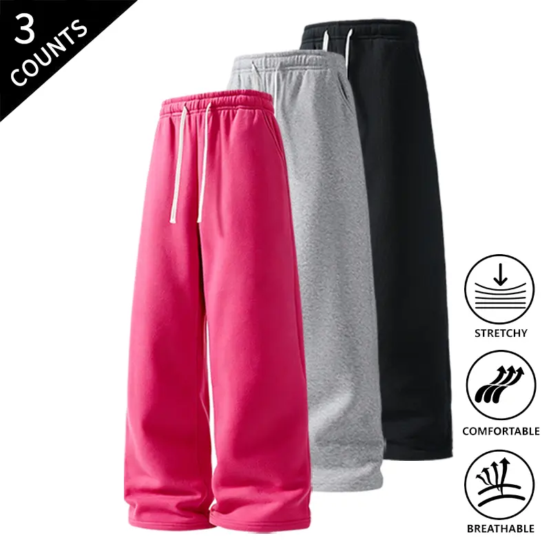 3-Pack Men’s Casual Straight-Leg Sweatpants, Elastic Waist with Drawstring, Stretchable & Breathable Fabric, Comfortable Loose-Fit Pants for Streetwear & Sports