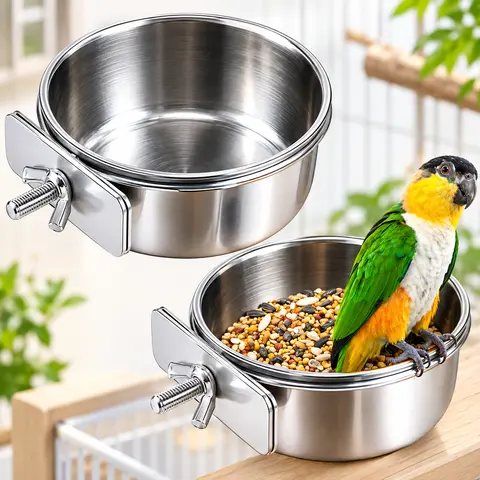 2PCS Rust-Resist Steel Bird Feeder Hanging Bowls - 2 Leakproof 10 fl oz No-Tip 3.9x3.9x1.8in Cups with Cage-Locking Clamp Brackets, Odor-Free Travel Tools for Small/Medium Parrots/Hamsters Pet Feeding Supplies