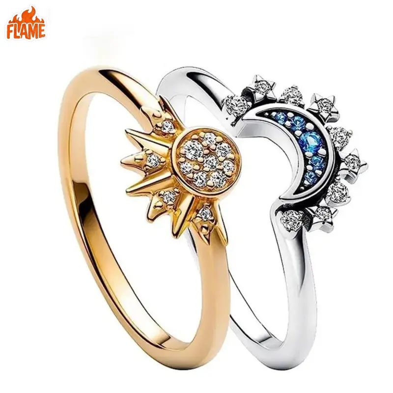 [FLAME] Sun & Moon Design Ring Set, New Style Fashion Jewelry for Party, Daily Wear, Trendy Gift for Girlfriend