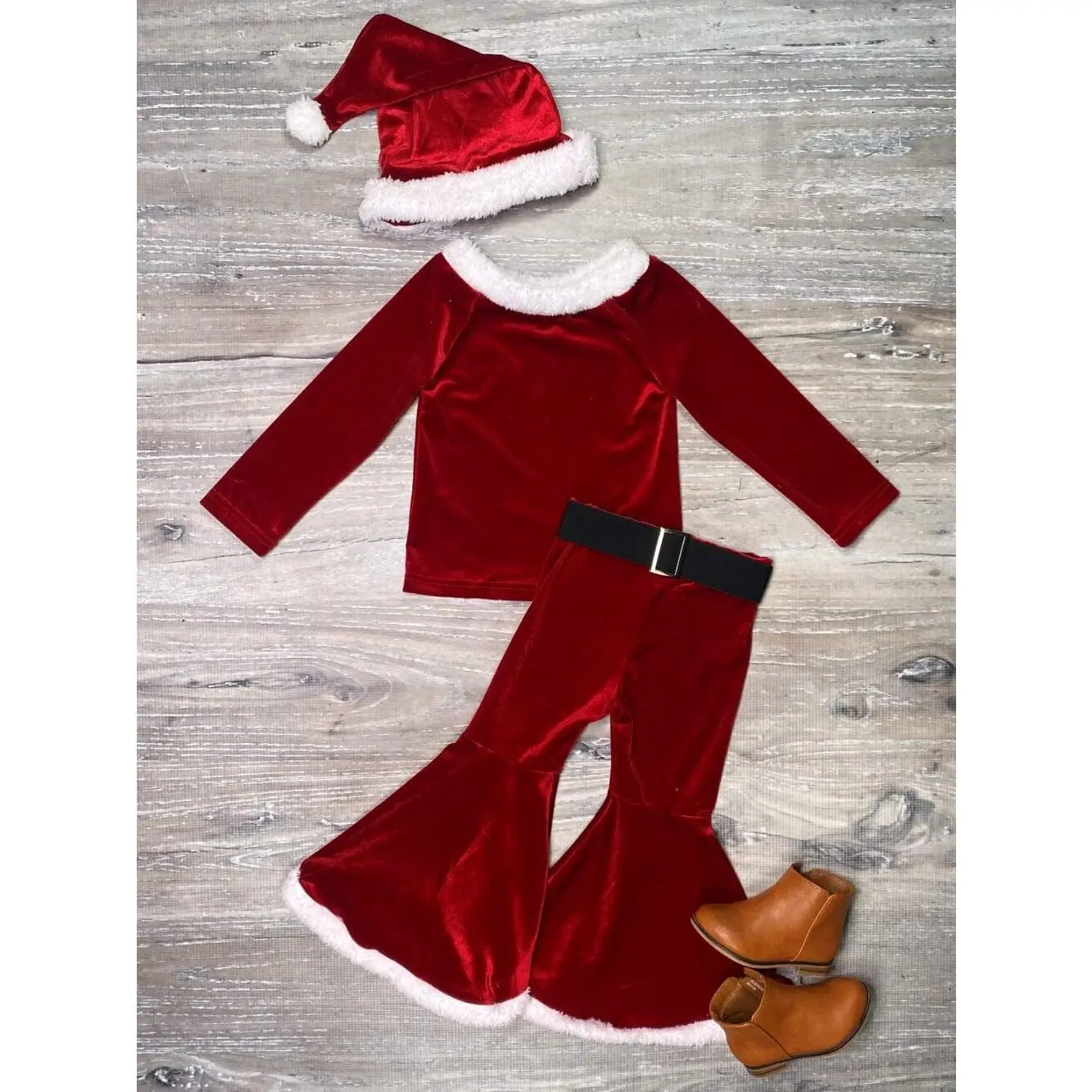 Santa's Helper Velvet and Fleece Girls or Toddler Christmas Red 4 Piece Bell Bottom Pants, Long Sleeve Top, Hat and Belt Set