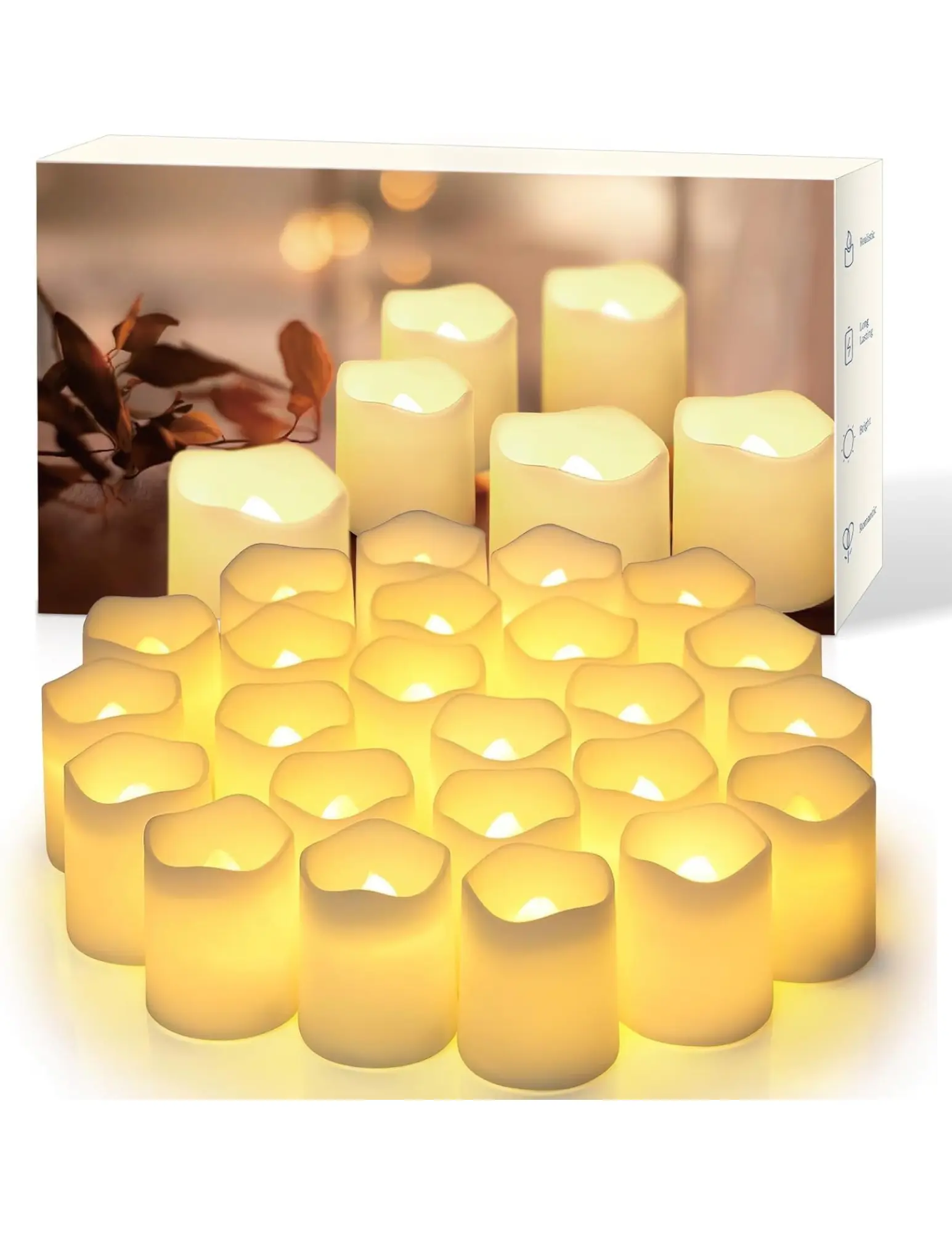 Flameless Votive Candles,Flameless Flickering Electric Fake Candle,24 Pack 200+Hour Battery Operated LED Tea Lights in Warm White for Wedding, Table, Halloween,Christmas Decorations 1.5"X1.7"