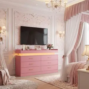 47.24" Modern Dresser for Bedroom, TV Stand with Led Lights & Charging Station, Floating 6-Drawer Sideboard Cabinet for Home