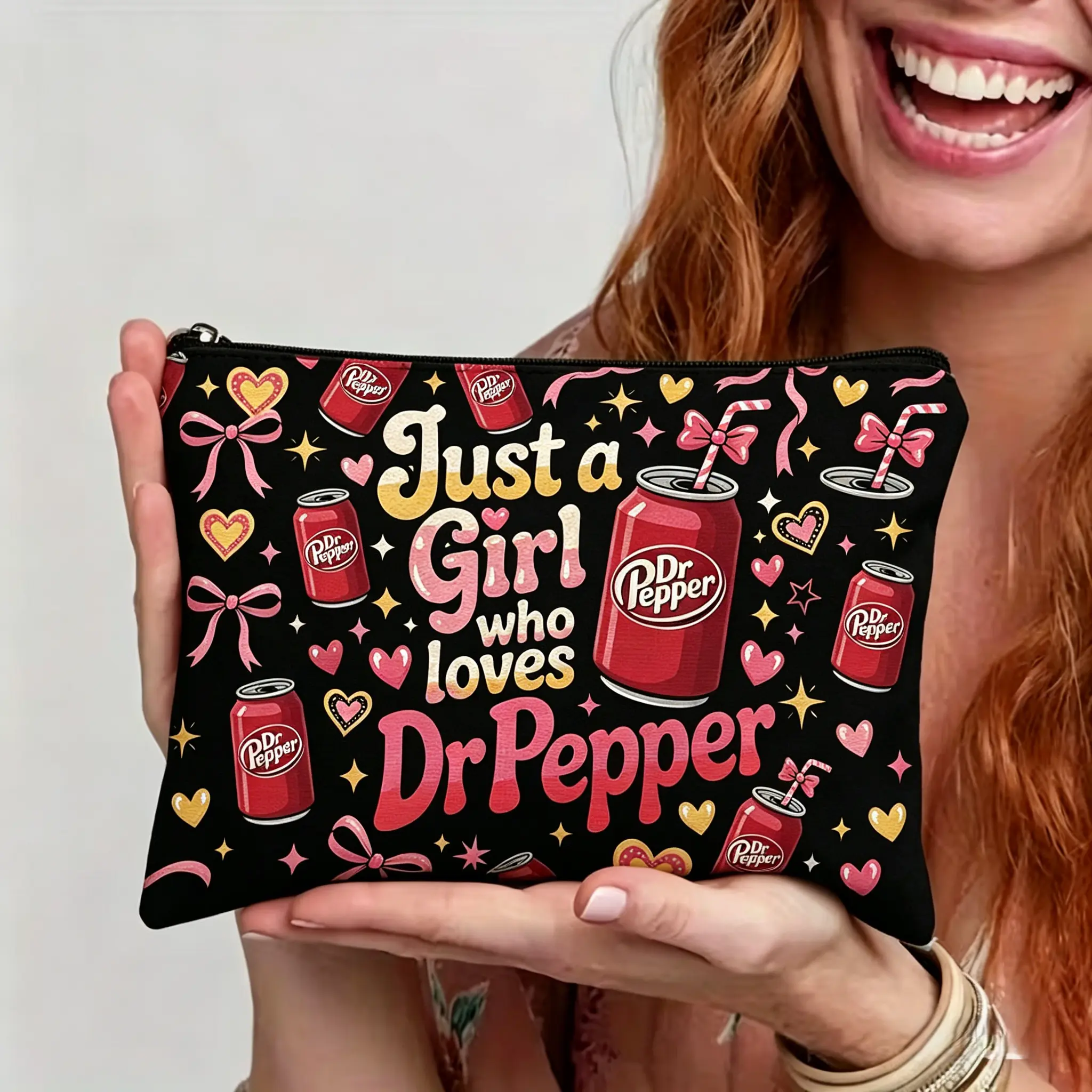Just A Girl Who Loves Dr Pepper Makeup Bag, Cute Dr Pepper Cosmetic Pouch, Dr Pepper Gift For Women, Dr Pepper Lover Accessory, Travel Zipper Bag, Perfect Mother’s Day Gift for Mom, Daughter, Sisters , Best Friend, Teen Girl