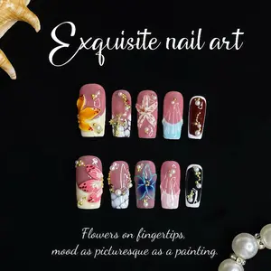 Handmade Acrylic Square Press-On Nails, 3D colored flower pearls,Sweet and cool spicy girl y2k atmosphere, Hand-painted nail stickers, Fake nails,NailsTok,Colorblock Bow Rhinestone Press-On Nails,nail detachable nail,Gothic Stiletto Nails with Accents