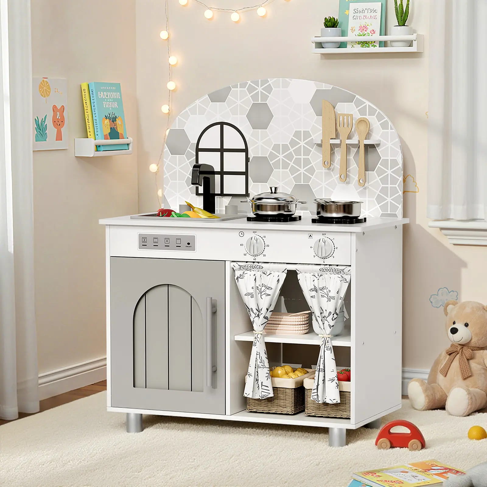 Arlopu Kids Pretend Play Kitchen Set, Wooden Kitchen Playset for Toddlers Ages 3+, Educational Chef Pretend Play Set,