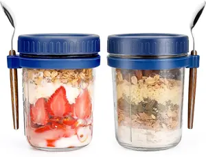 Overnight Oats Jars with Spoon and Lid 16 oz [2 Pack], Airtight Oatmeal Container with Measurement Marks, Mason Jars with Lid for Cereal On The Go Container (2 pcs blue)