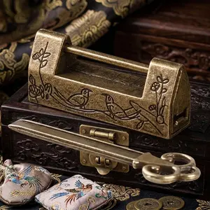 Antique Brass Padlock Hand Carved Medieval Style Lock Vintage Jewelry Box Cabinet Drawer Decorative Hardware Ornament Handcrafted Home Decor Gift for Collectors