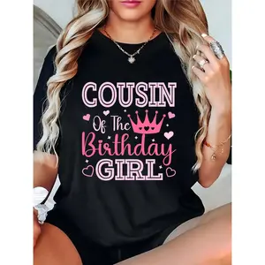 Women’s Black T-Shirt with ‘Cousin of the Birthday Girl’ Pink Crown & Hearts Print – Ideal for Girl Birthday Parties