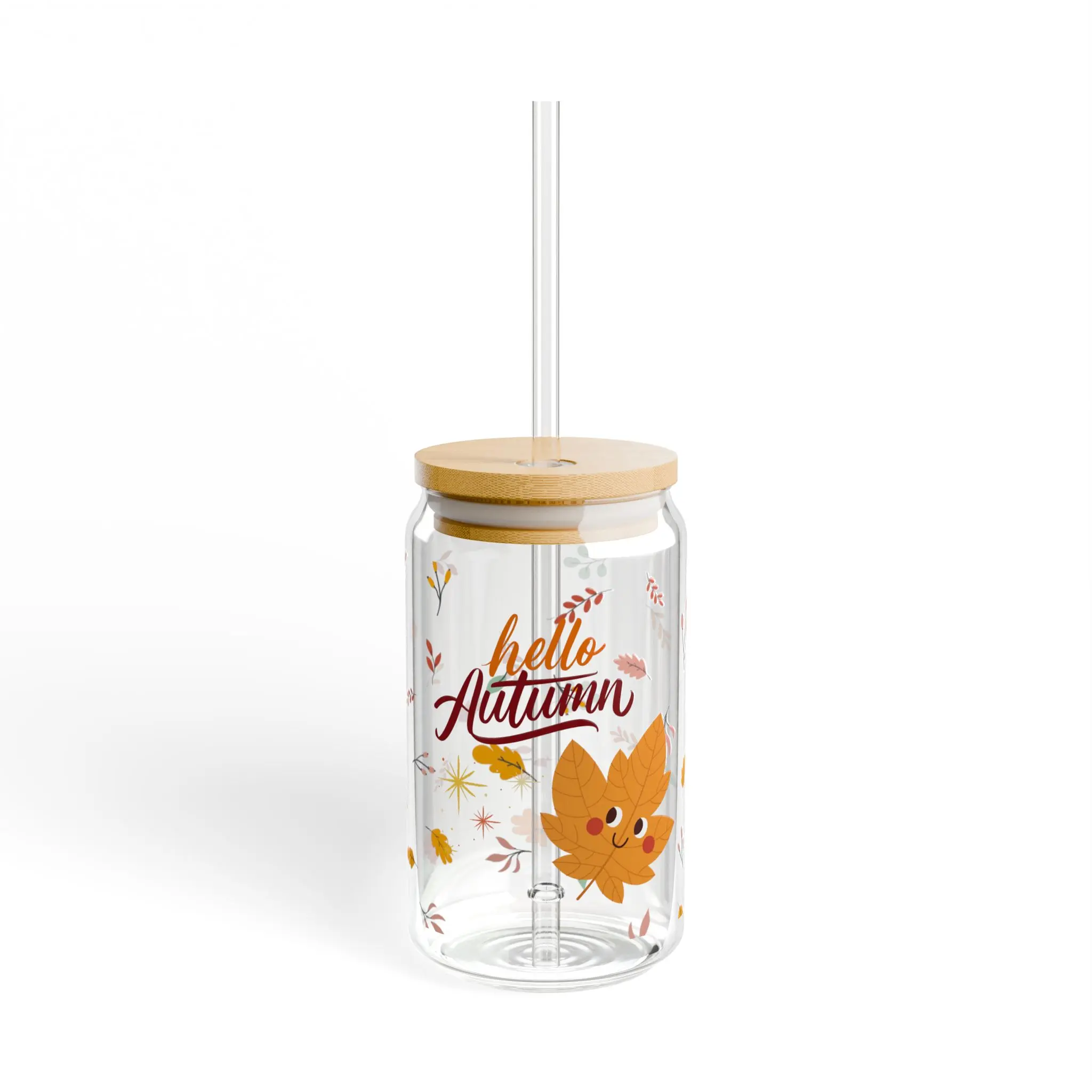 16oz Tempered Glass Water Bottle - Round, Vibrant Autumn-Themed, Reusable, Portable, Stylish Sipper with Bamboo Lid and Straw, BPA-Free Bottles for Friends and Family, Holiday Celebrations, Hand Wash Only Kitchenware Drinkware