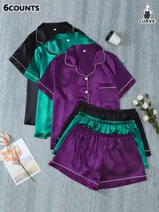 【Plus Size】 Satin Pyjama Set, Short Sleeve Button Up Top & Shorts, Comfortable Sleepwear for Homewear, Loungewear, Pajamas